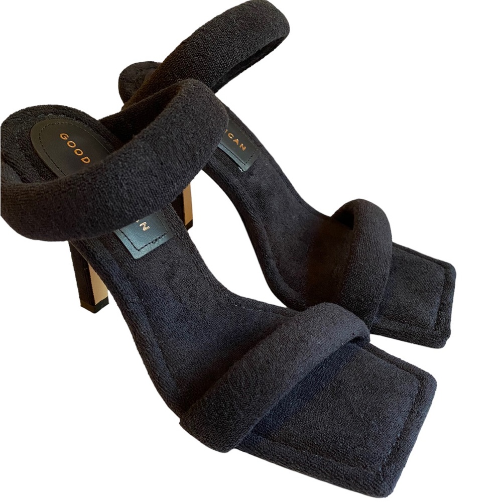NEW Good American Terry Cloth Ankle Strap Stiletto Square Toe Heels, Dust Bag